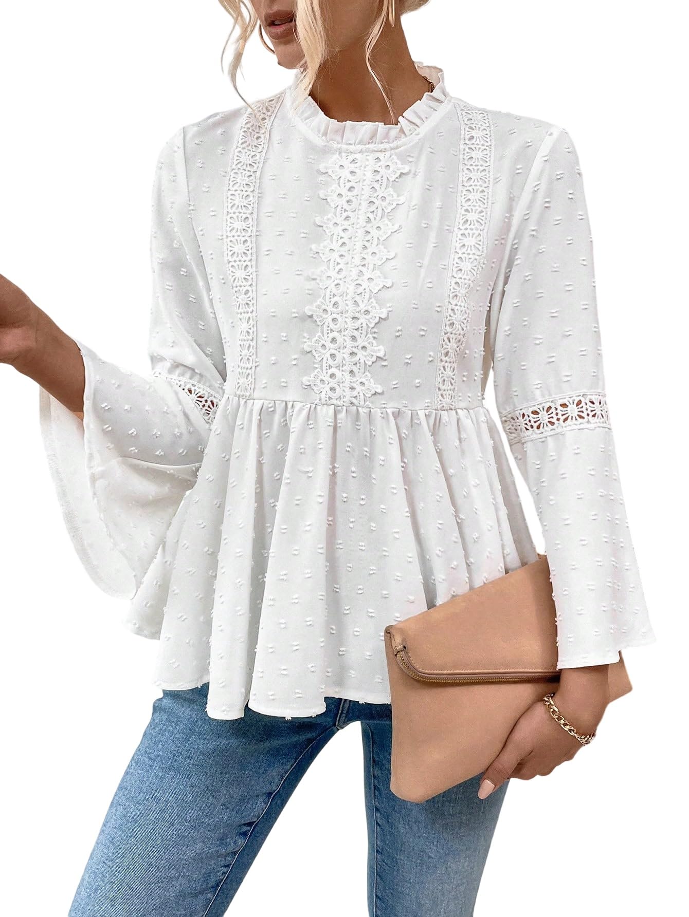 GORGLITTER Blusa elegante para mujer, cuello alto, con lunares suizos, manga de volantes, top de ocio, con encaje, bobydoll