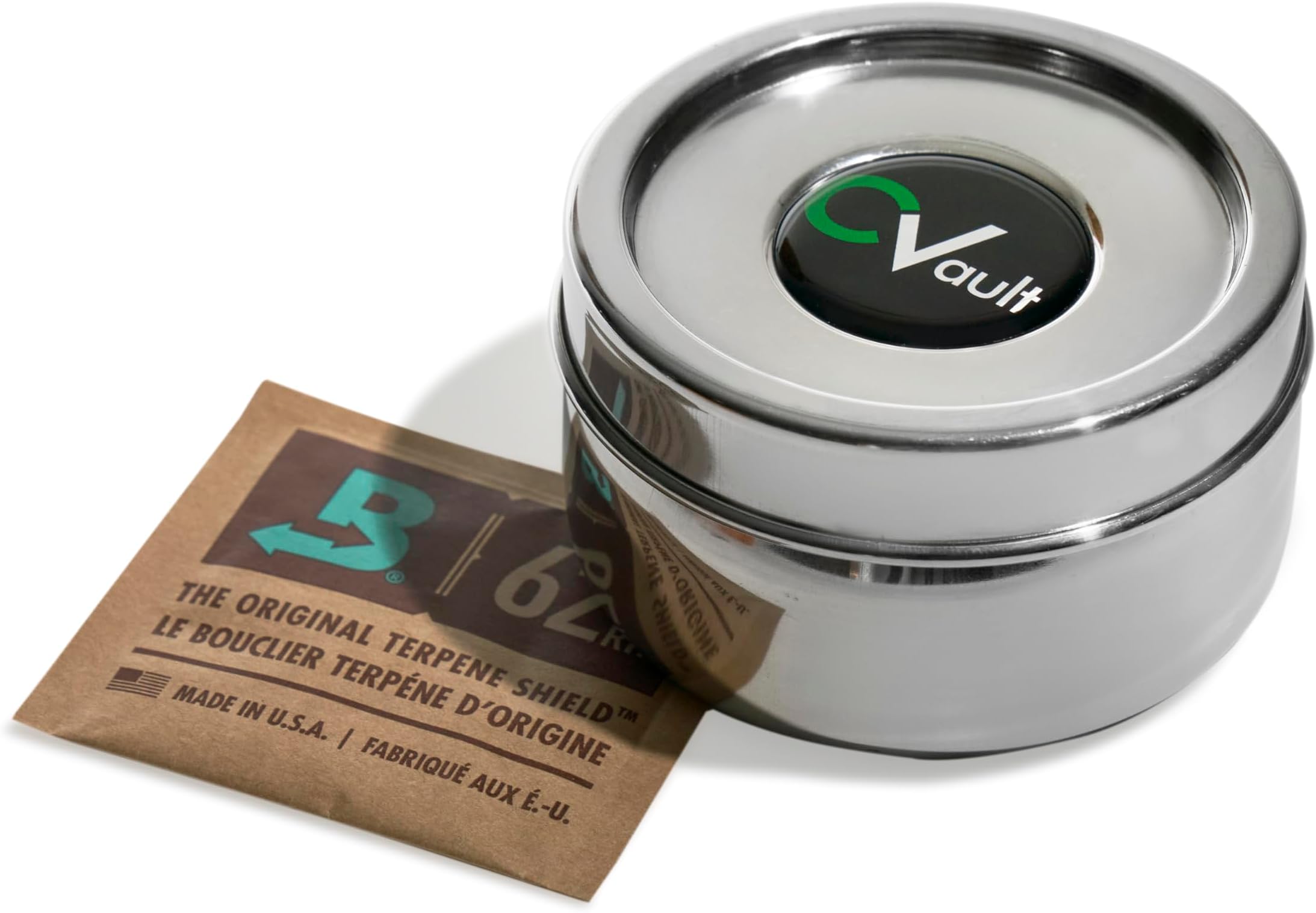 by Boveda | 1/2 oz Twist Top Storage Container | Shatterproof, Air Tight & Light Resistant | Food Grade Stainless Steel | Includes 62% RH 8-gram Boveda Pack