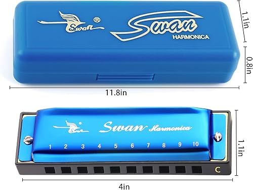 Miniatura 2 de SWAN Blues Armónica Key of C Mouth Organ Diatonic Armónica con estuche, 10 agujeros, 20 tonos, arpa azul inoxidable para adultos, principiantes y