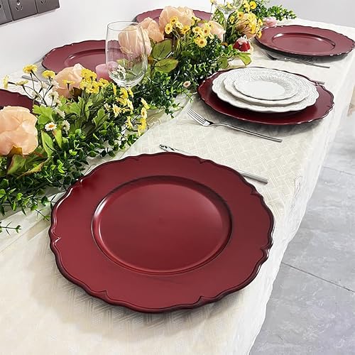Miniatura 6 de Juego de 6 platos de carga rojos antiguos, cargador de platos de 13 pulgadas para platos llanos, platos de carga redondos de plástico para bodas,