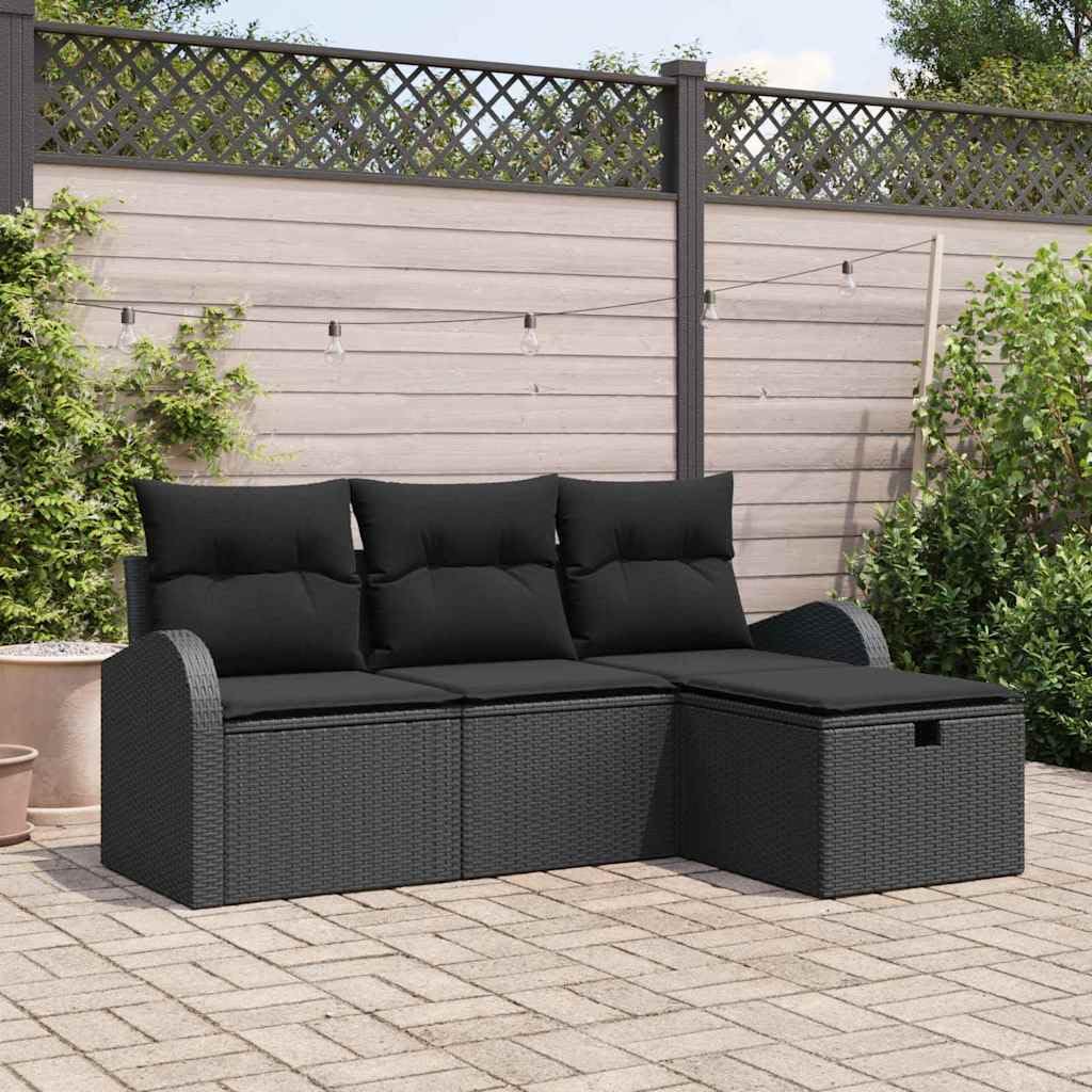 Ensemble Salon de Jardin Modulaire 4 Pièces Noir en Polyrotin Résistant avec Coussins et Rangement, Canapé d'angle Confortable pour Terrasse, Balcon, Extérieur