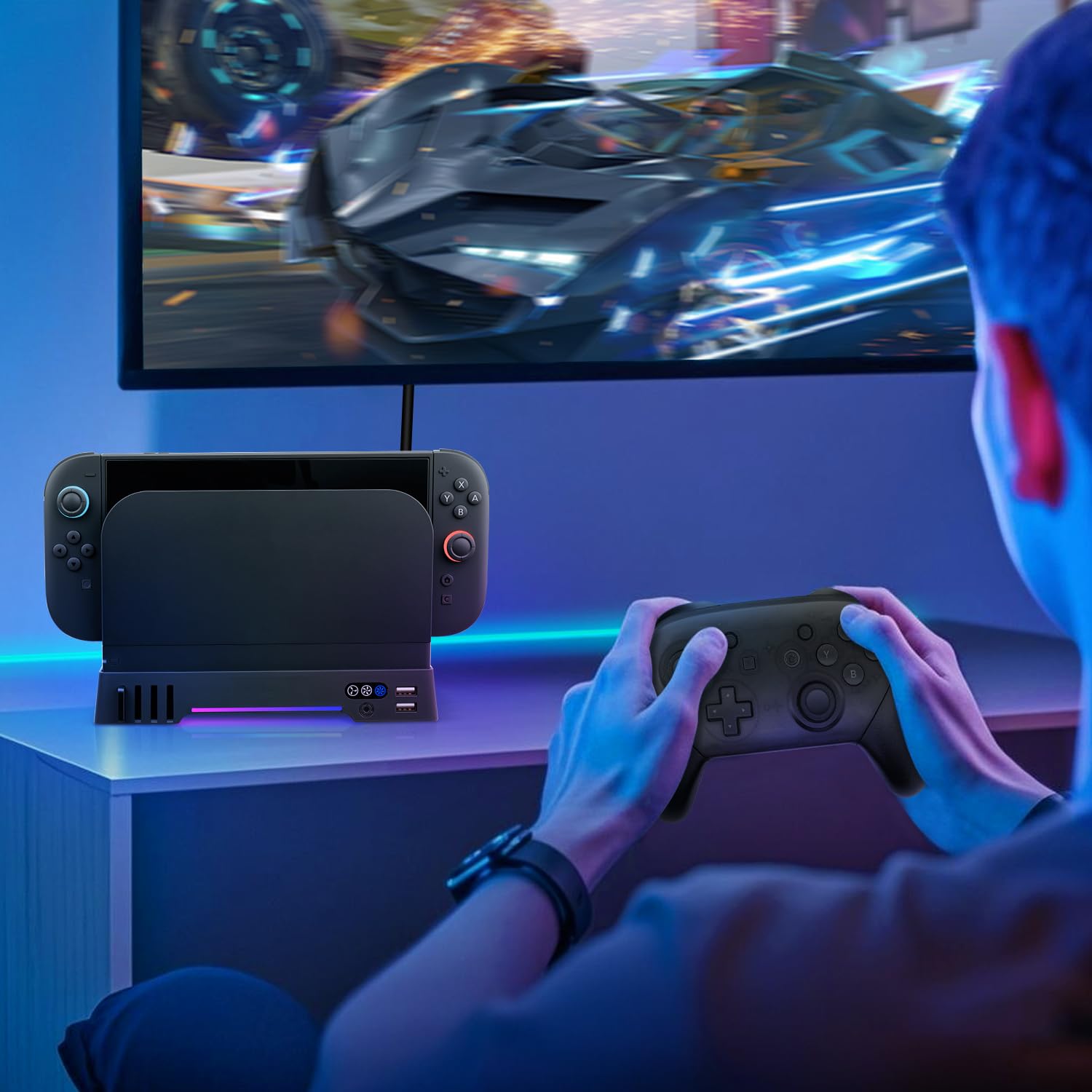 Mcbazel RGB Ventilador de Enfriamiento para Nintendo Switch 2 Dock, Ajustable 3 Velocidades Soporte con Luces RGB para Almacenamiento de Tarjetas de Juego con Puertos Carga par Switch 2 Consola