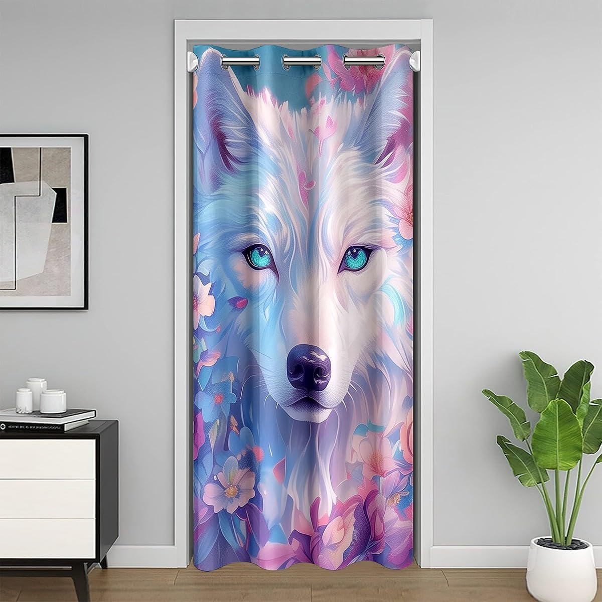 Castle Fairy Wild Wolf Door Curtain Watercolor Pink Flower Blackout Curtain for Girls Boys Kids Nature Jungle Animal Doorway Curtain Modern Countryside Privacy Door Drape 1 Panel 42" W X 80" L