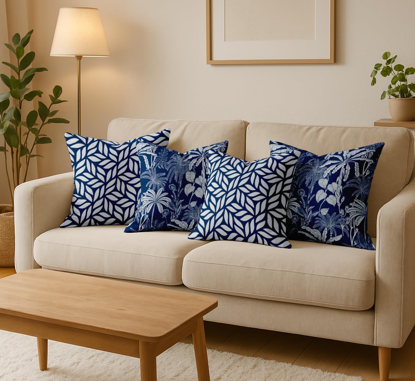 Cotton Cushion Covers Set of 4-16x16 Inch, Tropical Print, Double-Sided Printed Throw Pillow Covers with Hidden Zipper - No Filler - Blue
