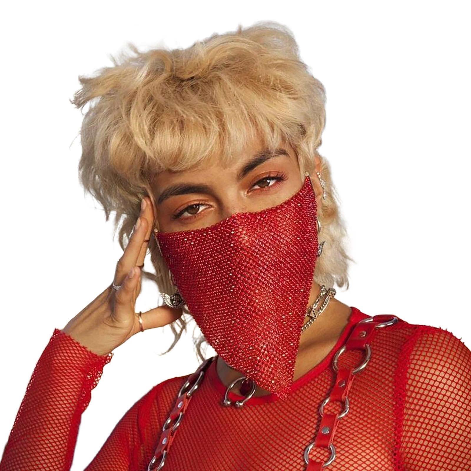Faxianther Sparkly Rhinestones Mesh Half Face Mask Modern Bling Crystal Face Chain Belly Dance Punk Rock Band Jazz Face Cover Halloween Nightclub Rave Party Masquerade Face Mask Mardi Gras Jewelry โ image 1