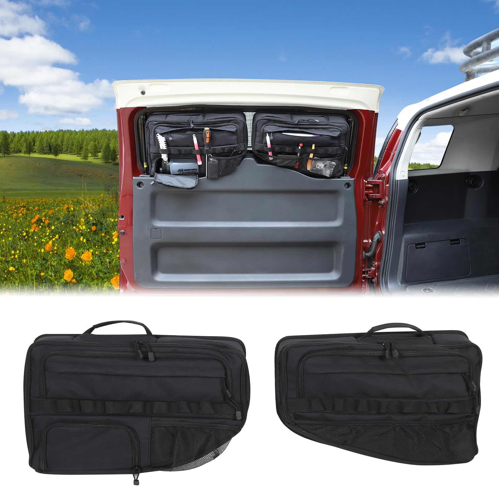 Aunginsy Tailgate Storage Bag Compatible with Toyota FJ Cruiser 2007-2024 Car Rear Tailgate Trunk Organizer Back Door Panel Storage Pockets Box Multi-Compartment Oxford Cloth Expansion Accessories