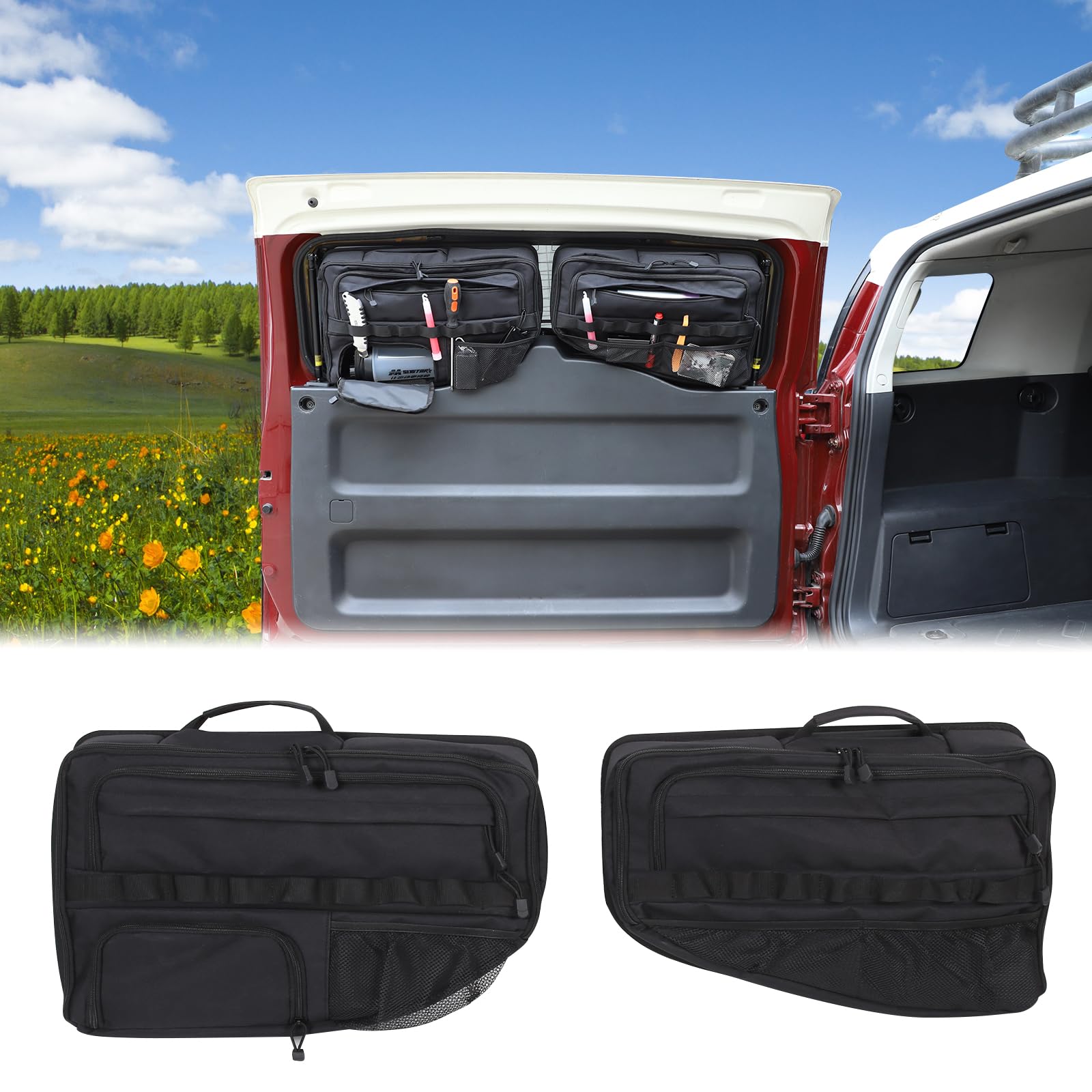 Aunginsy Tailgate Storage Bag Compatible with Toyota FJ Cruiser 2007-2024 Car Rear Tailgate Trunk Organizer Back Door Panel Storage Pockets Box Multi-Compartment Oxford Cloth Expansion Accessories