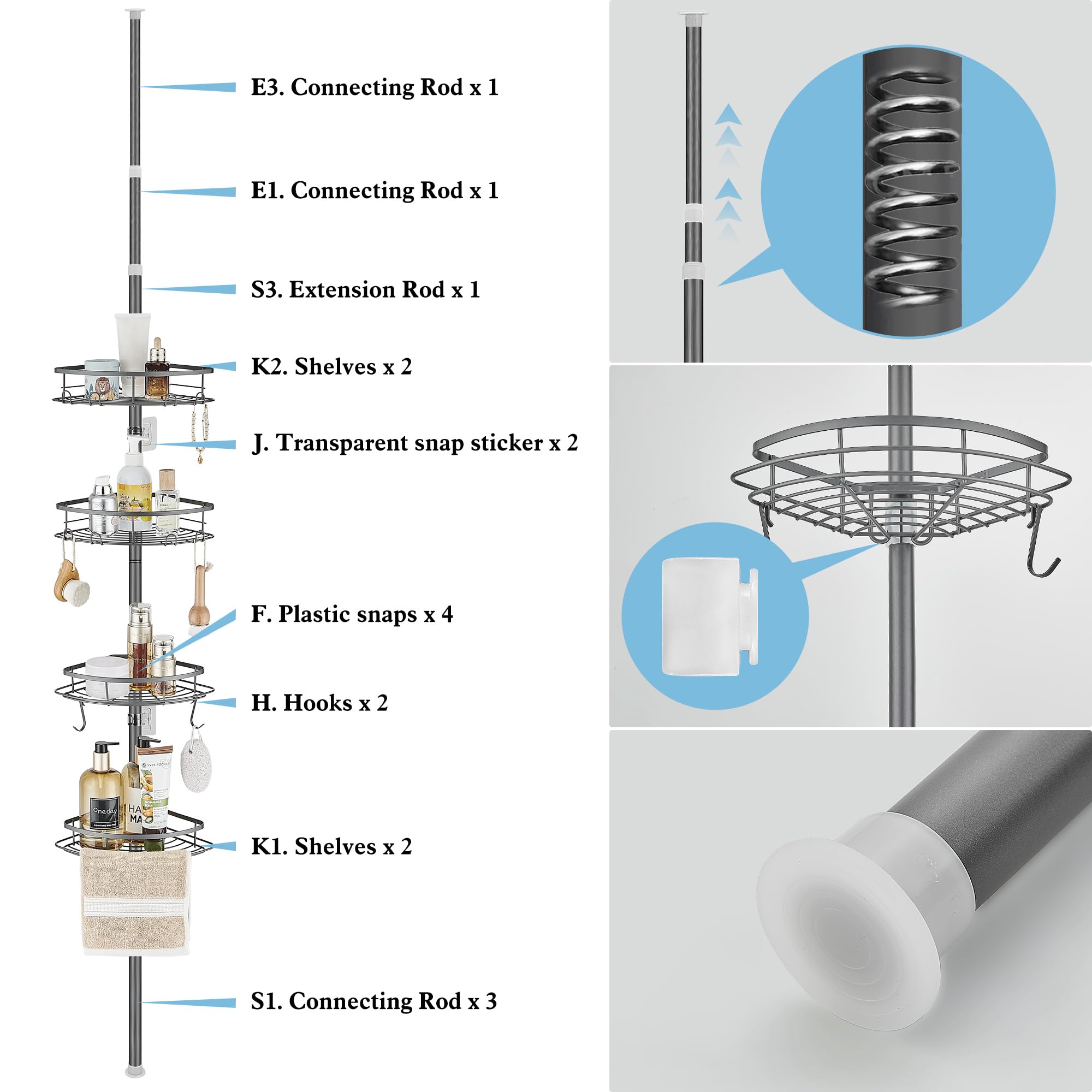 Mensola Doccia Telescopica DUFU Con 4 Ripiani - Regolabile 85-325cm, Grigio, Senza Foratura - Foto 11