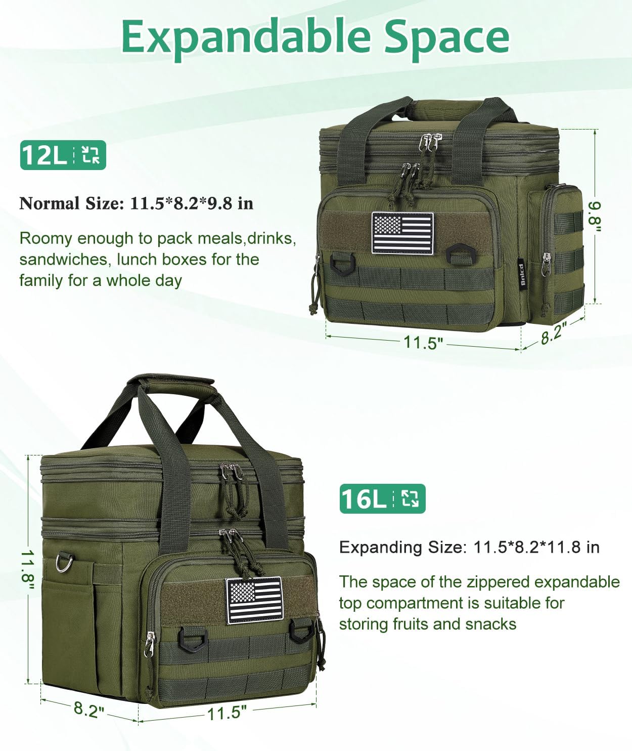 Tactical Lunch Box for Men, Expandable Large Insulated Lunch Bag for Adult, Heavy Duty Double Deck Lunch Cooler Bag with Shoulder Strap, Leakproof Soft Lunch Pail with American Flag - Green - Image 3