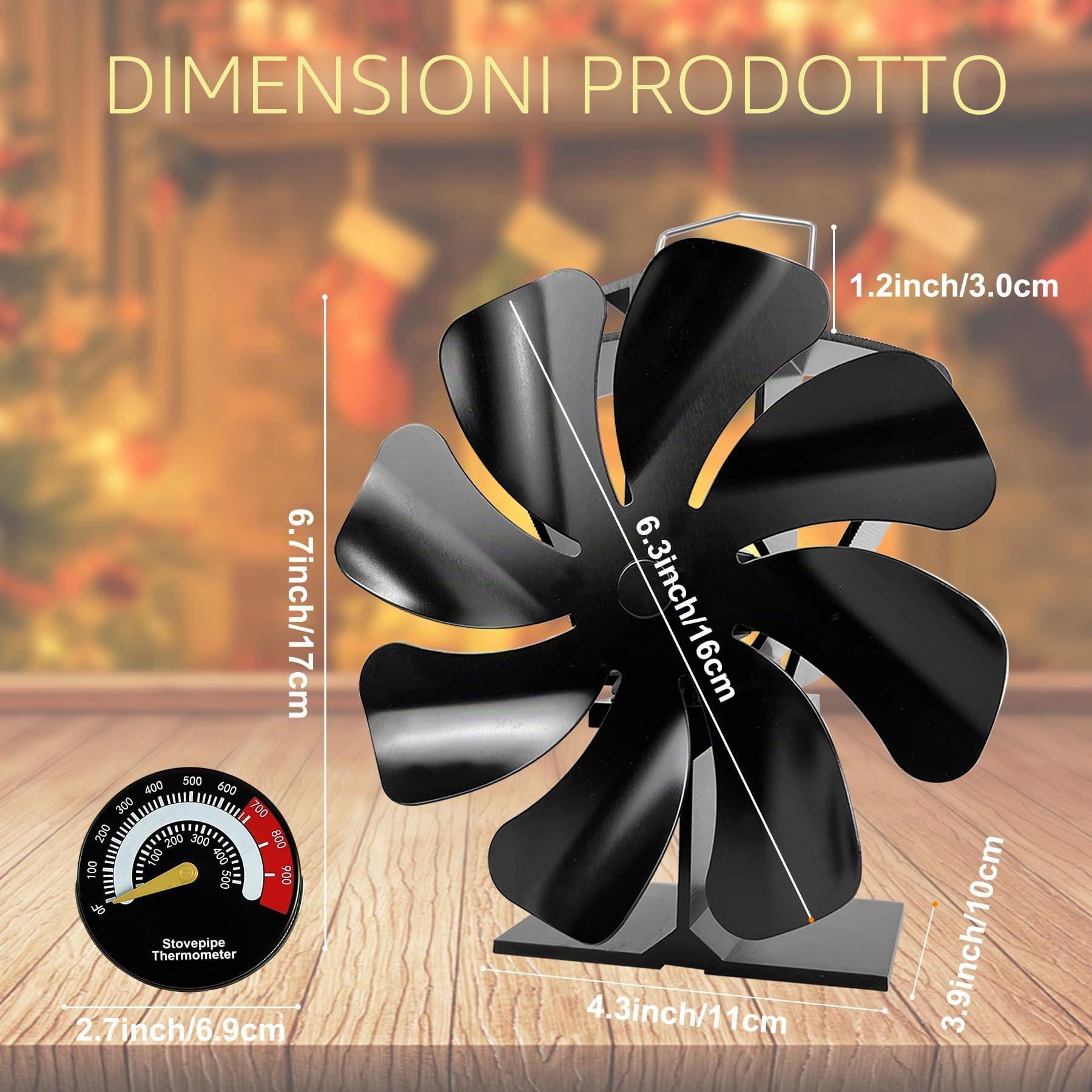 Tomersun Ventilatore da forno a 8 fogli, con termometro, funzionamento silenzioso, per stufa a legno/camino | Efficienza energetica e facile da usare