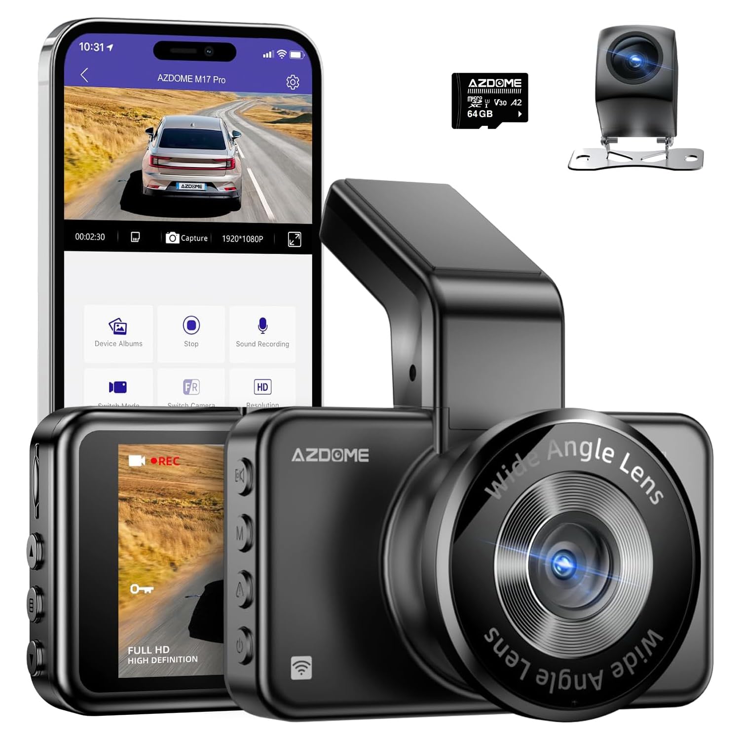 AZDOME M17 Pro Dashcam 3K Avant + 2K Arrière – WiFi, ADAS, Vision Nocturne, Carte 64Go Incluse, Parking 24h