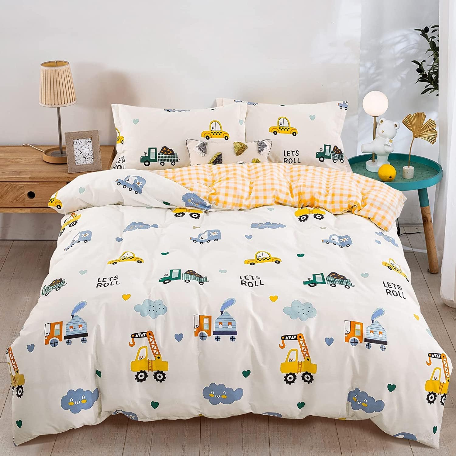 Kids Duvet Cover Set Queen, Cotton Cartoon Car Truck Bedding Set for Boys Girls, 3 Pieces Soft Breathable White Yellow Plaid Reversible Comforter Cover Set (1 Duvet Cover+2 Pillowcases)