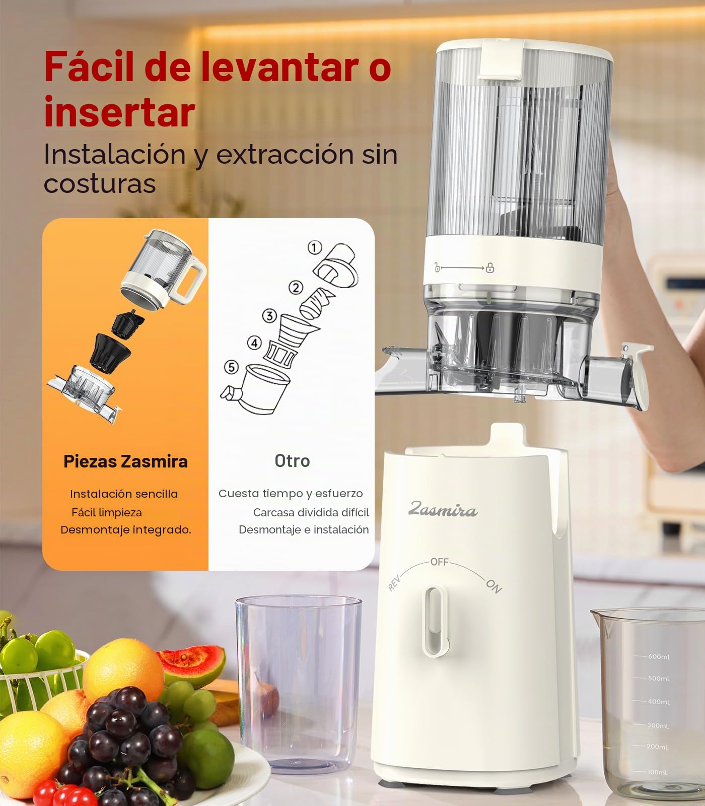 Zasmira Extractor de Zumos, Slow Juicer con Apertura de 120MM, Exprimidor en Frío 2L de Acero Inoxidable para Verduras y Frutas Completas, Fácil de Limpiar, Plata