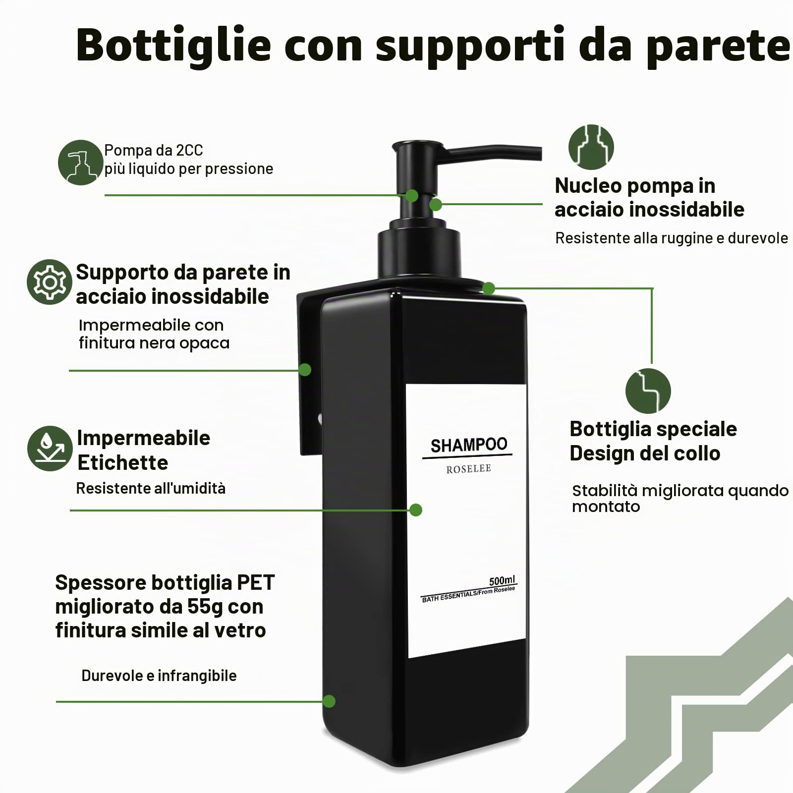 Roselee 3 Pezzi Dispenser Sapone Doccia da Muro, Dispenser Sapone Bagno Senza Foratura, 500ml Dispenser Doccia Shampoo e Bagnoschiuma con Etichetta per Bagno, Cucina