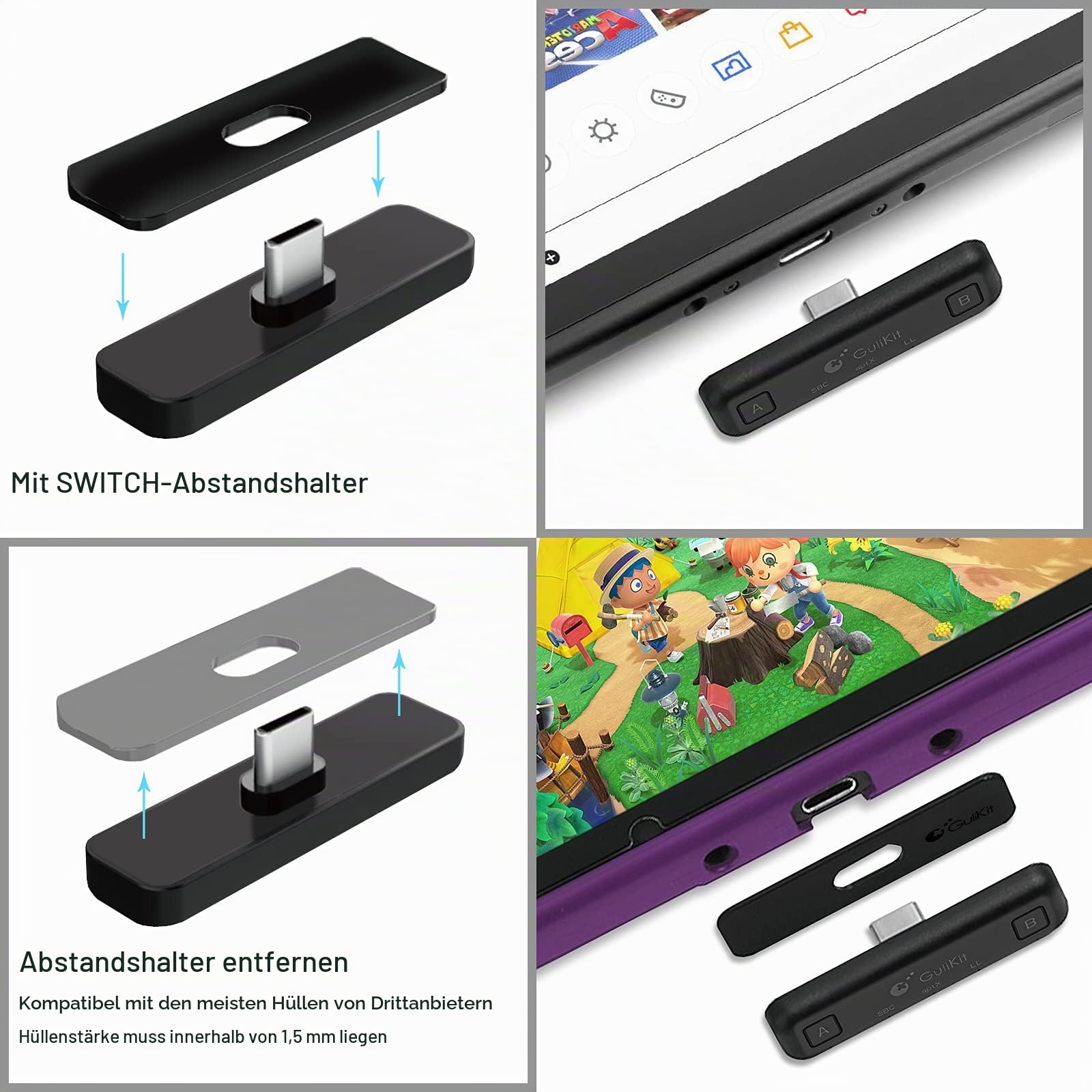 GuliKit Route Air Bluetooth Adapter für Nintendo Switch/Lite, Drahtloser Bluetooth-Audiosender mit aptX Low Latency, Unterstützung für Bluetooth-Kopfhörer Kopfhörer Lautsprecher - Schwarz
