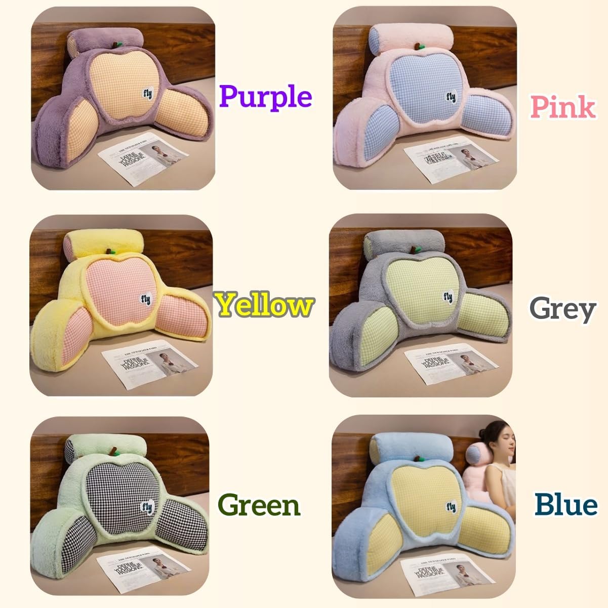 Reading Pillow with Machine Washable Cover.Rest Pillow Detachable Neck Roll with Arms Back Pillow for Sitting in Bed Couch Reading，Cartoon Pattern Lumbar Wedge Pillow (Grey, L:29.5x17.7in)