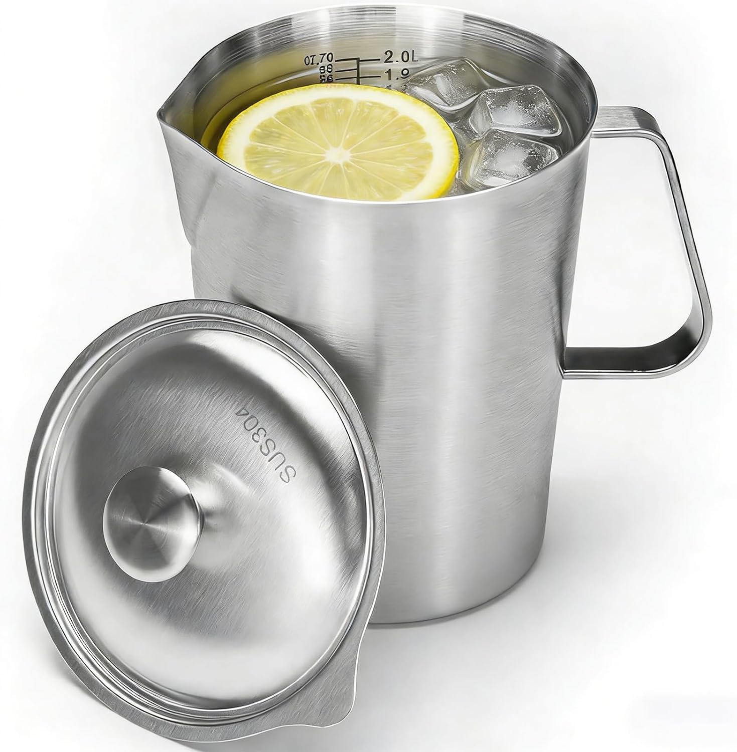 70oz Stainless Steel Measuring Cup with Lid, 2L Metal Pitcher Measuring Cup with Handle, Large Mouth Graduated Beakers, Milk Frothing Jug for Espresso Machines, Latte Art, Iced Tea, Hot/Cold Water