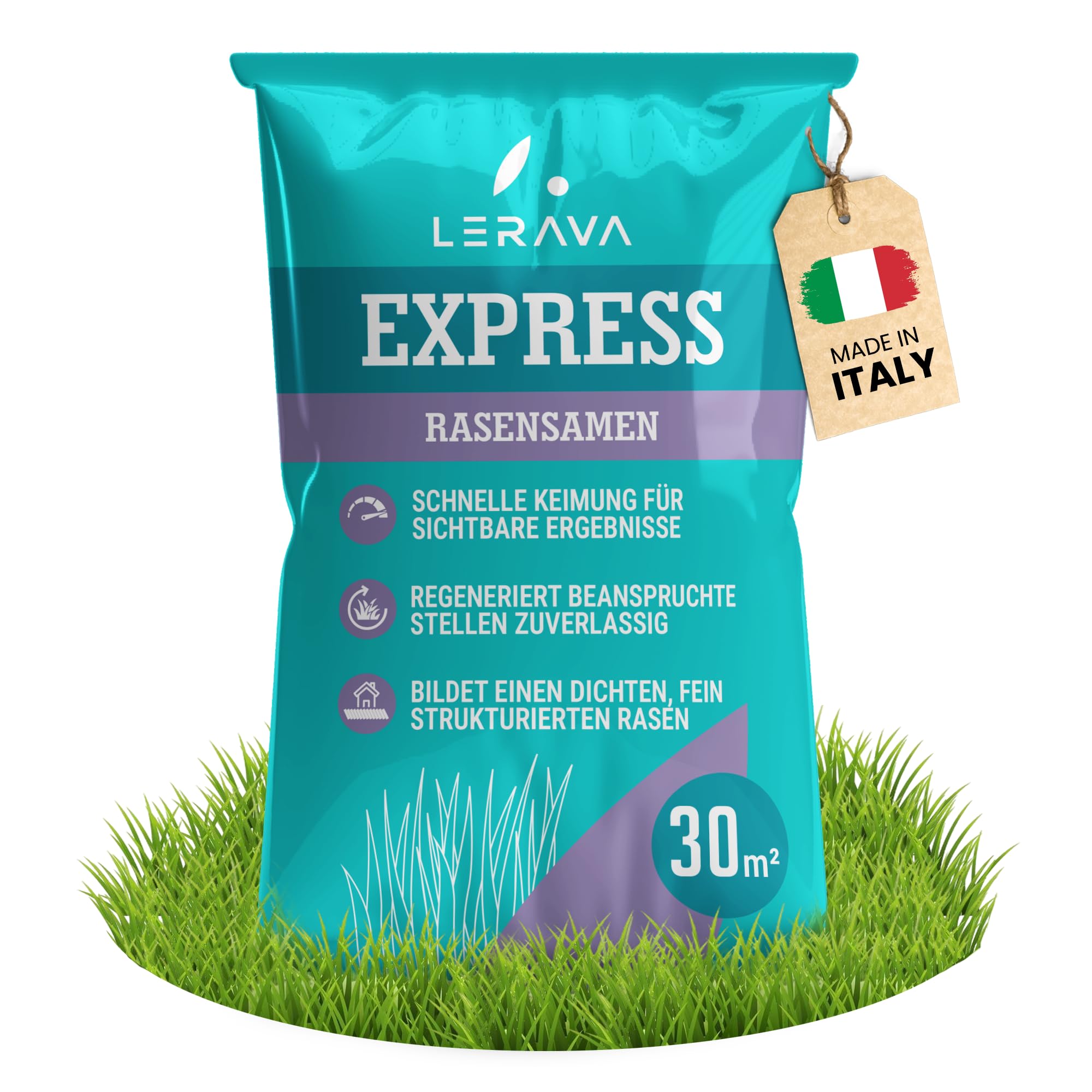 LERAVA® EXPRESS Rasensamen schnellkeimend frühjahr (30m²) - Premium Samen für Trockenrasen & Schattenrasen - Rasensamen nachsaat für lückenlosen Rasen - Grassamen schnellkeimend - Rasensaat turbo -
