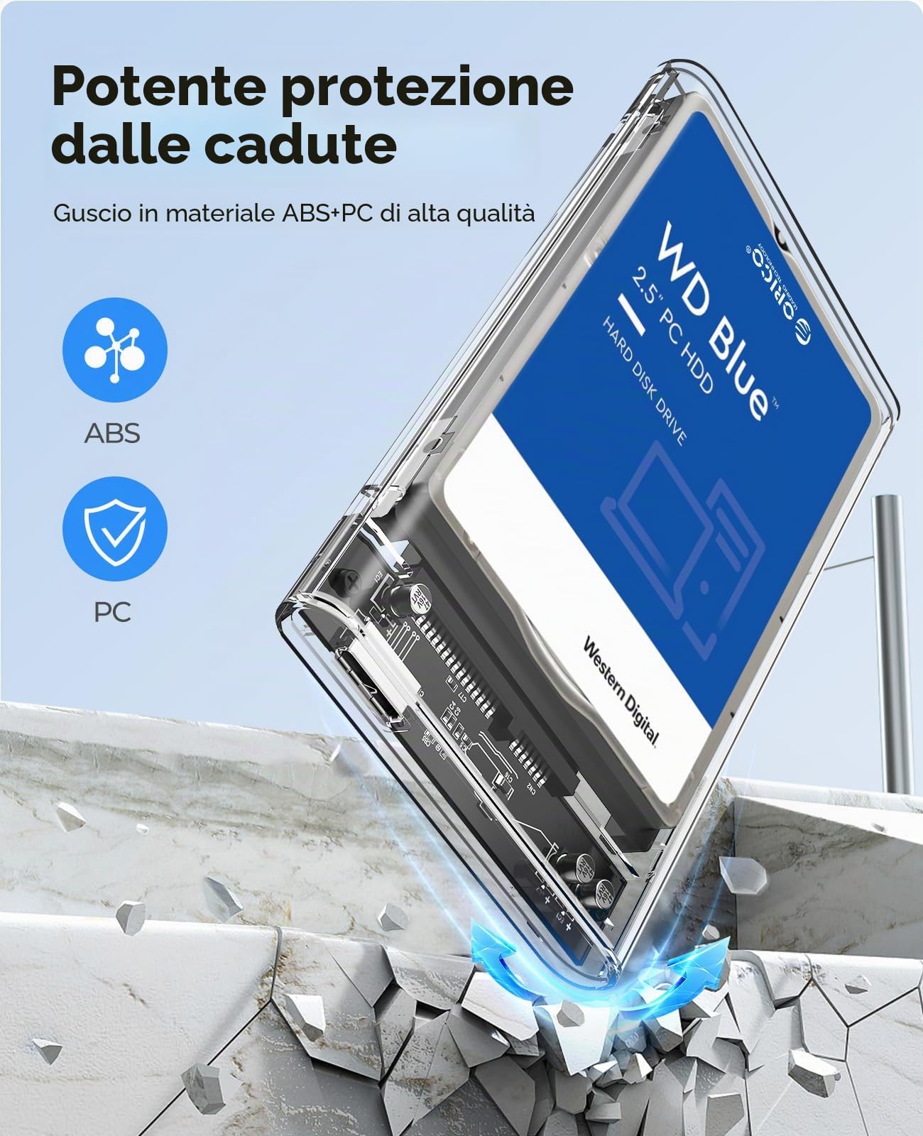 ORICO Case Esterna per HDD/SSD 2,5 pollici SATA III, USB 3.0 con velocità 6Gb/s, Supporta UASP, Installazione Senza Attrezzi, Compatibile con Unità da 7mm/9,5mm – Trasparente 2139U3