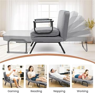 CROWNSHOP Folding Sofa Bed 4-in-1 Convertible Single Chair Bed (Gray) | 6-Position Backrest and Pillow, Folding Sleeper Couch with Back Upholstered Seat Single Flip Chair for Living Room