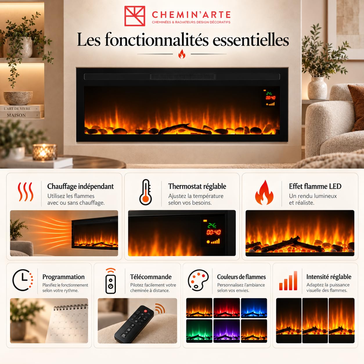 Chemin’Arte - Cheminée Électrique Encastrable LEDs Effet Flammes Élysée - Conçue en France - 91,5 x 17 x 45 cm - Garantie 2 Ans