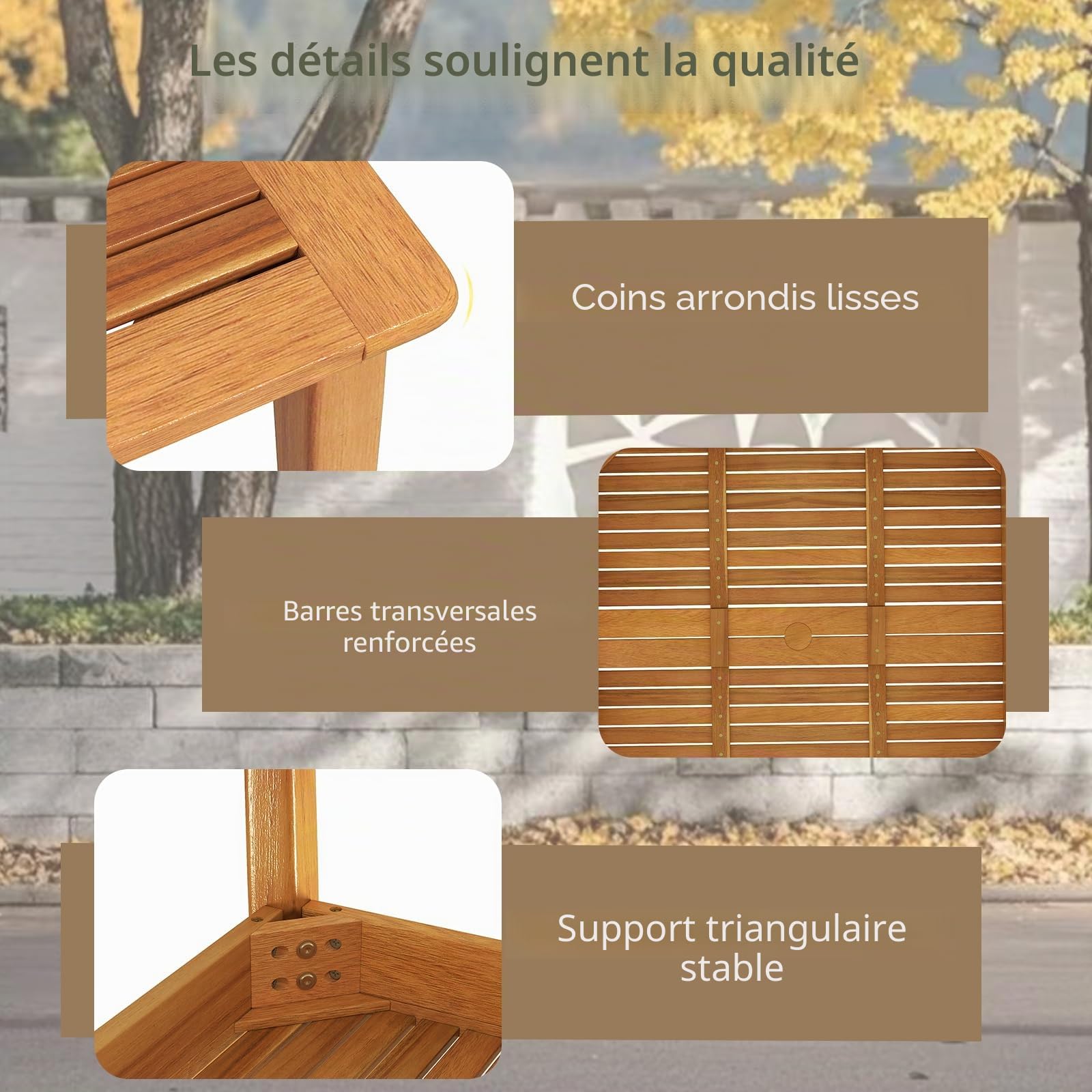KOMFOTTEU Table de Jardin avec Trou pour Parasol de 5 cm, Table à Manger en Bois d'acacia pour 4/6/8 Personnes, Bureau à Lattes, Extérieur & Intérieur (100 x 100 x 75,5 cm)