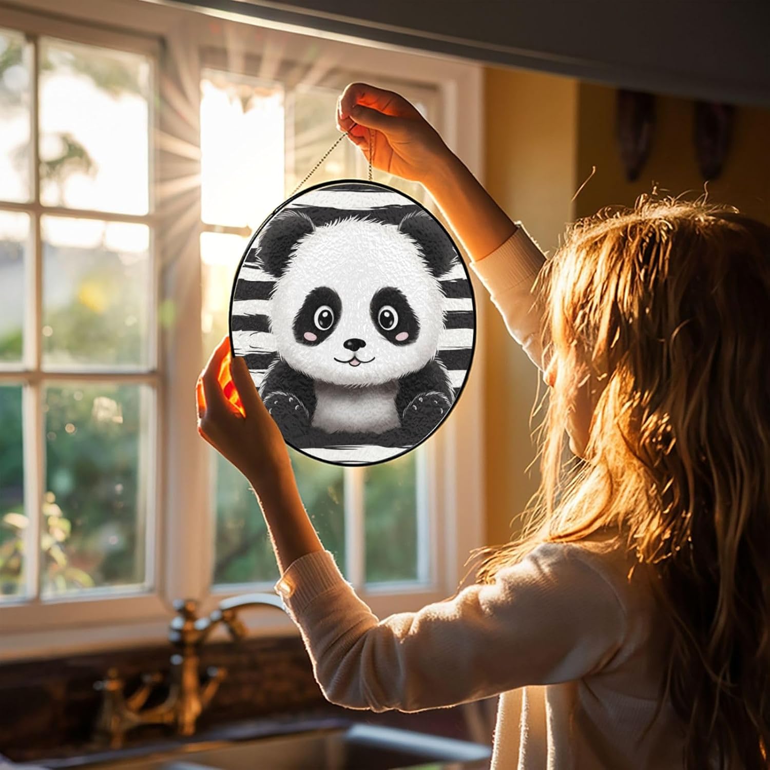 Stained Glass Window Hanging 10in（25cm）, Black and White Panda Sun Catchers Indoor Window, Stained Glass Suncatcher Ornament with Metal Chain, Wall Art Home Decor Gift for Women Mother's Day