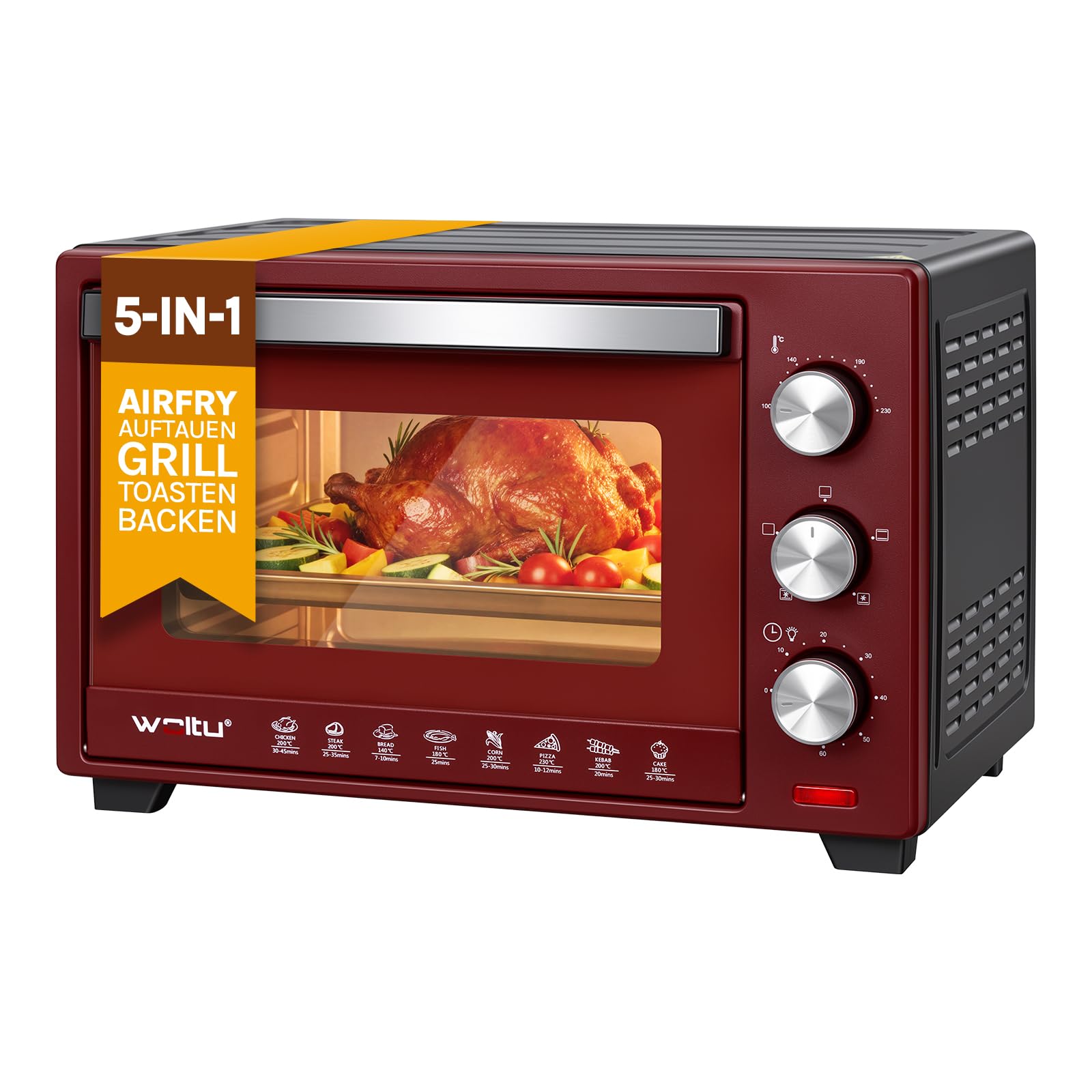 WOLTU Horno de Electrico Sobremesa 28 L, 1600 W, Horno Tostador con Bandeja y Rejilla, Mini Horno de Control con Puerta de Doble Cristal, Temperatura 100-230℃, Temporizador 0-60 Minutos, Rojo+Negro