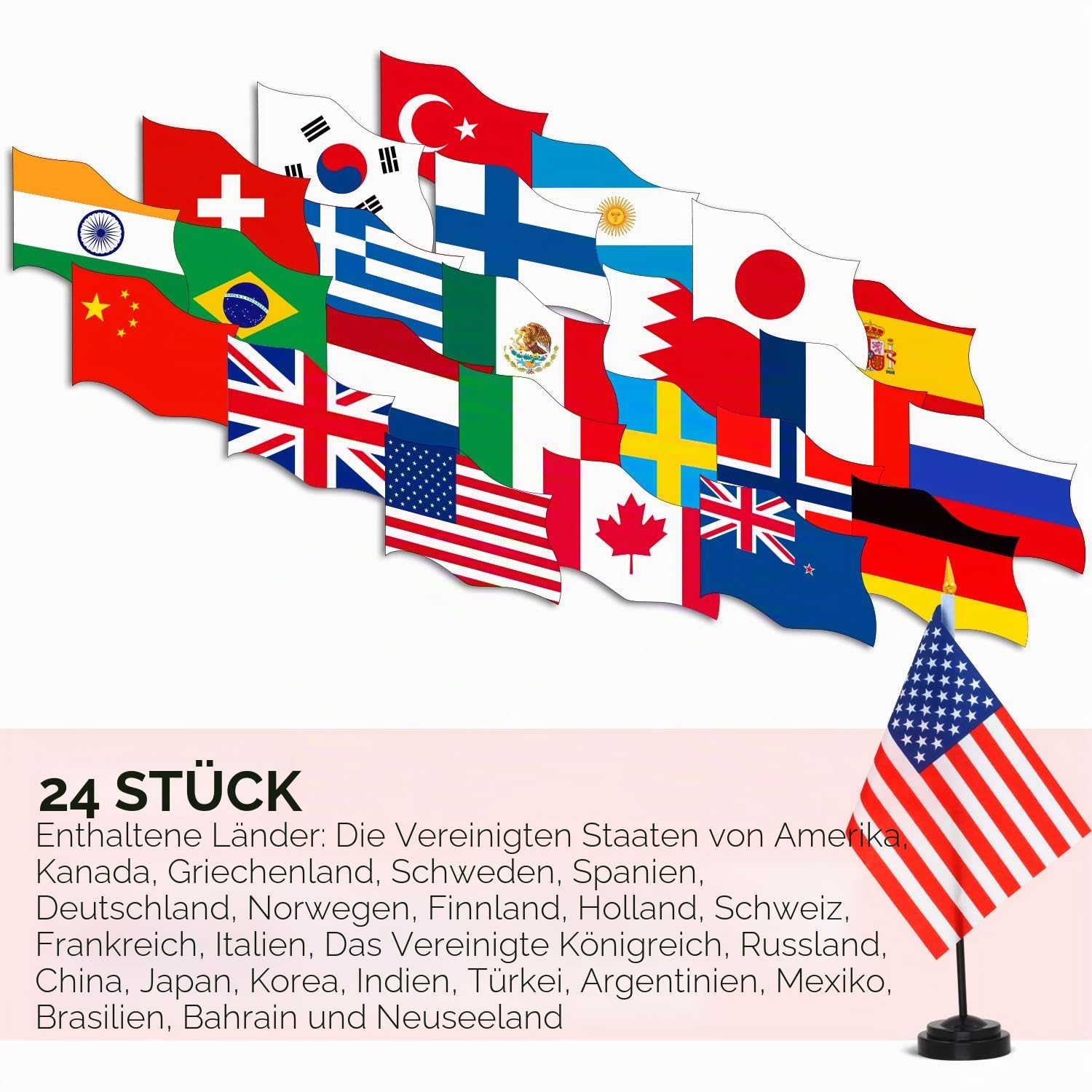 Anley 24 Länder Deluxe Schreißtischflaggen Set - 7,5 x 5,5 Zoll Miniatur Amerikanische US Schreißtischflagge mit 12,5" schwarzem Mast - Lebendige Farbe und lichtecht - Kommt mit schwarzem Sockel