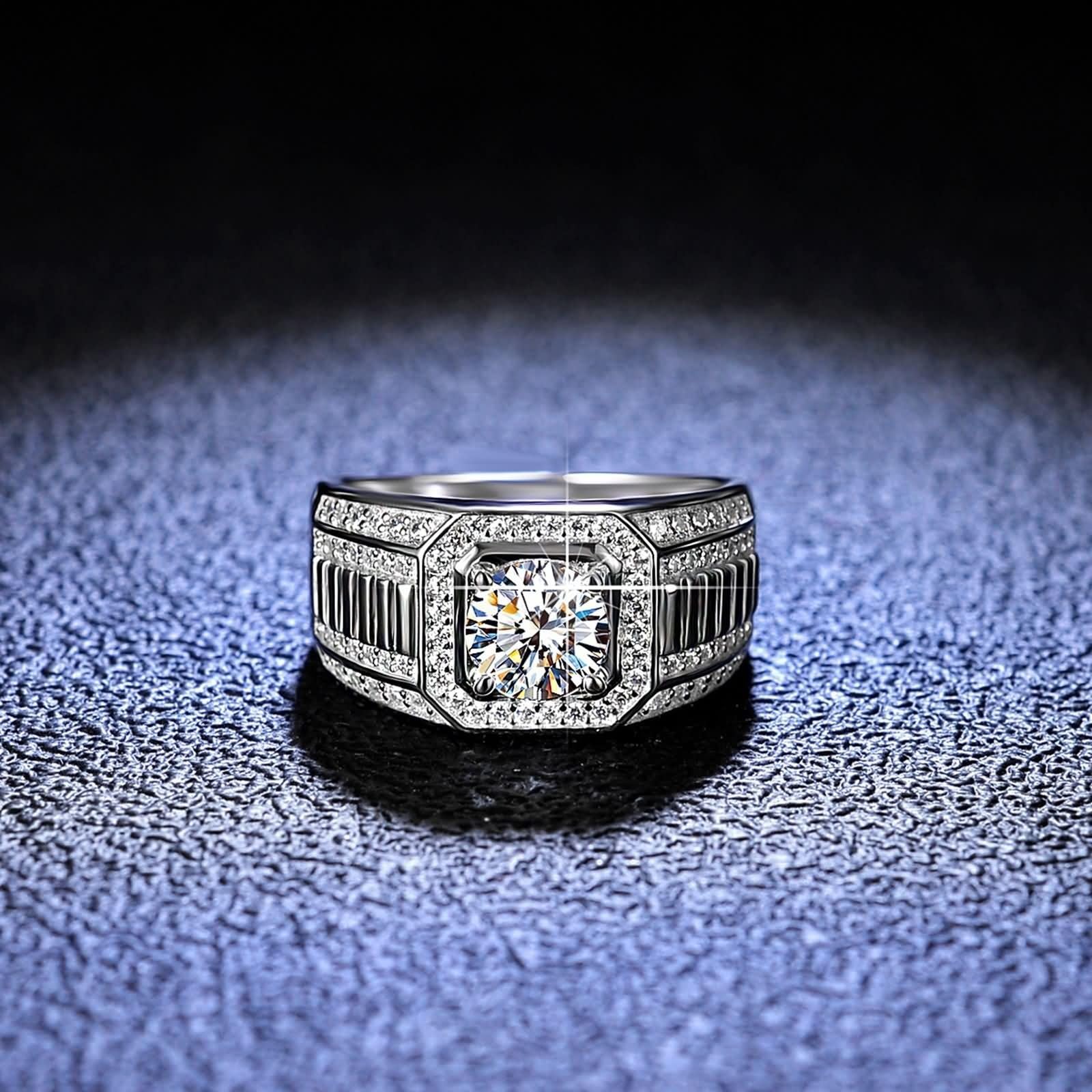 Anillo para hombre de plata ancha, anillos para hombre punk redondo con moissanite de 1 quilates de plata de 18 quilates y oro blanco, talla 53 (16,9)