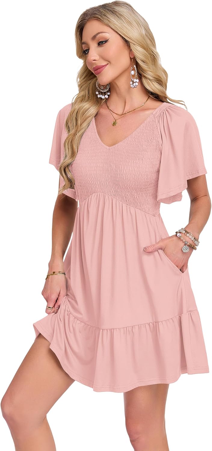 AUSELILY Cute Summer Baby Doll Dresses Women 2026 Empire Waist Mini Flowy Sundress Short Ruffle Sleeves Smocked with Pockets