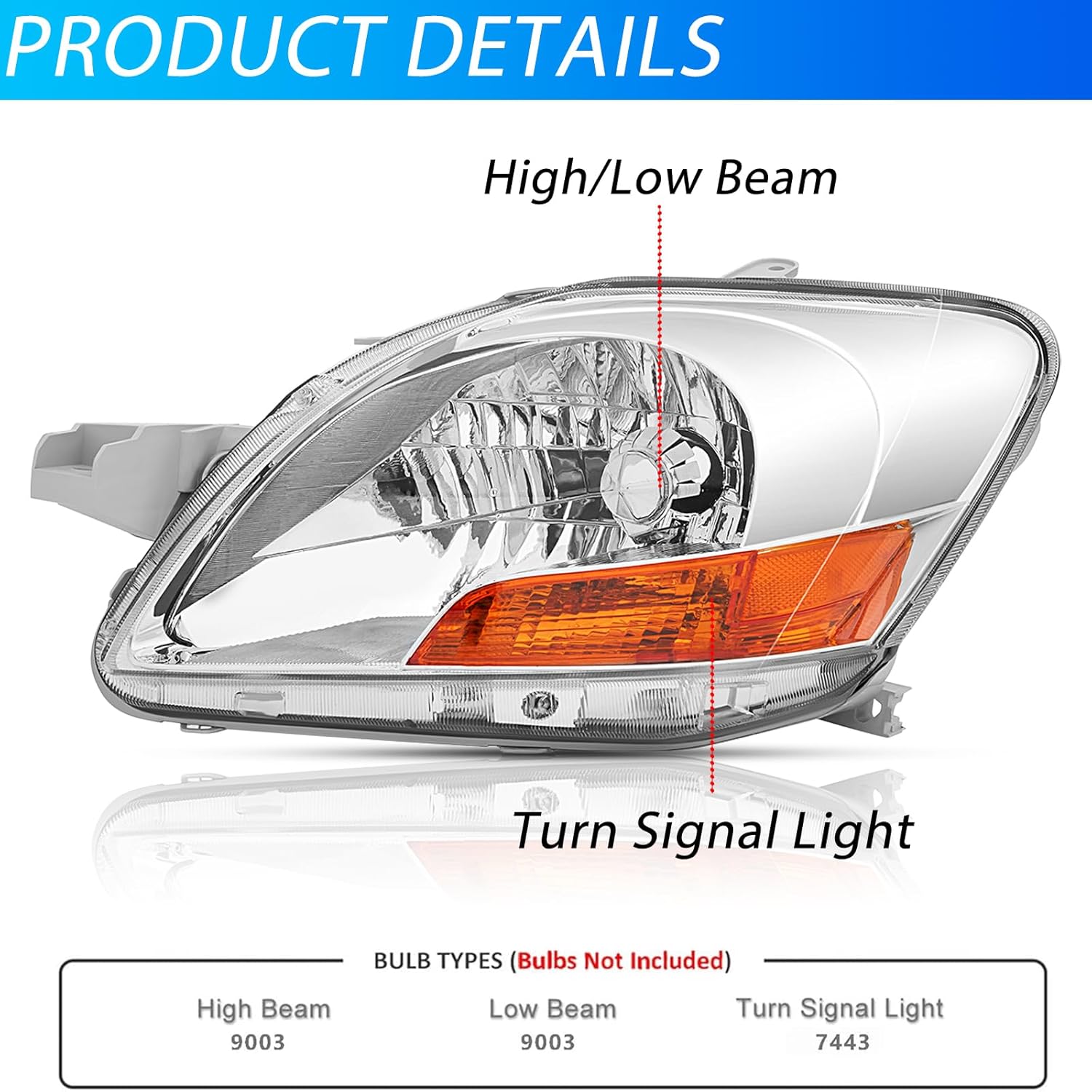 Headlights Assembly Pair for 2007 2008 2009 2010 2011 Toyota Yaris 4-Door Sedan Headlamps Head Lights Replacement Left Driver and Right Passenger Side,Chrome Housing Amber Reflector