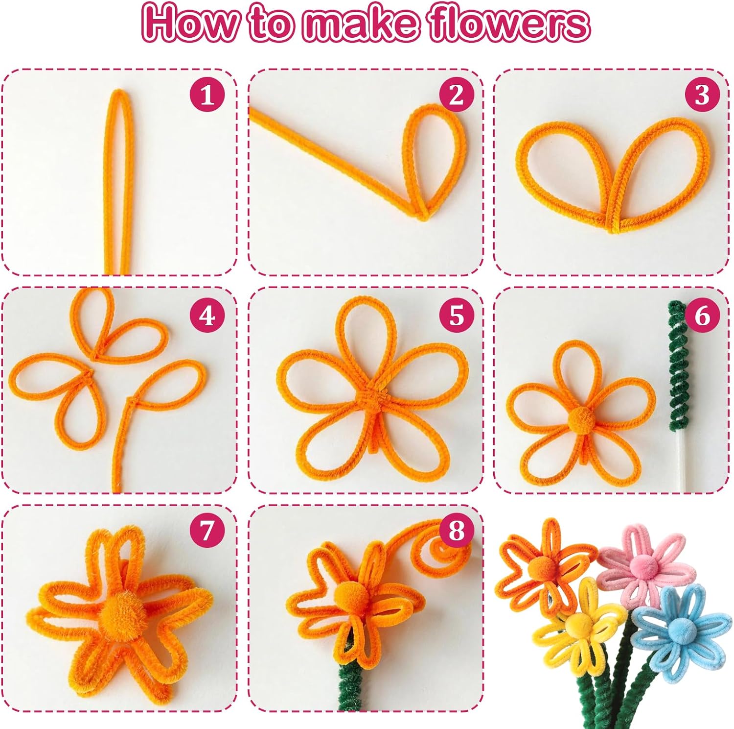 800PCS Pipe Cleaners Bulk Craft Flower Making Kit, Thick Chenille Stems with 400 Stamens for DIY Bouquet, Creative Arts and Crafts Supplies for Adults, Includes Floral Wire, Tape and Instruction