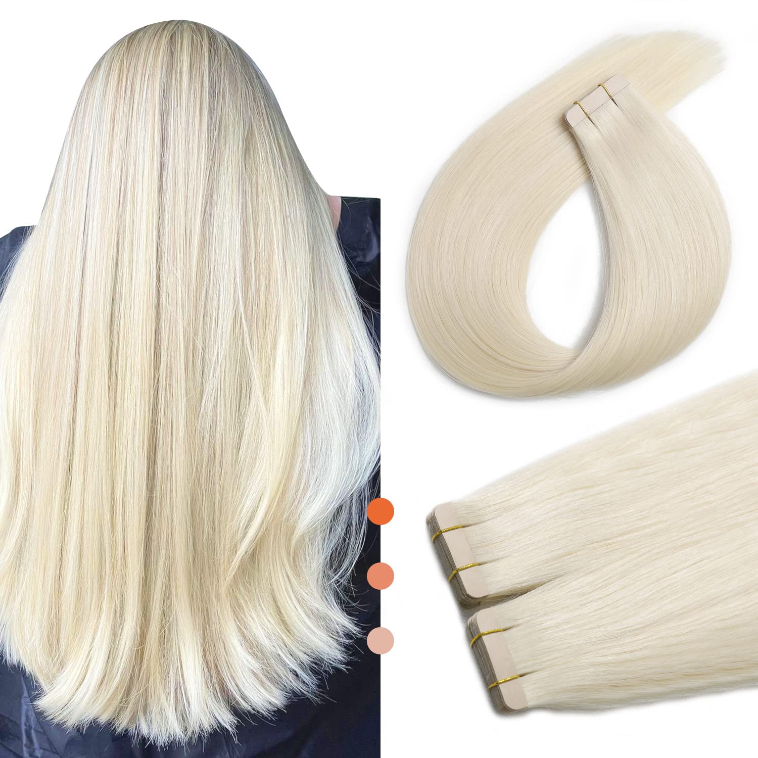 XDhair Tape in Hair Extensions 20inch Platinum Blonde 50g 20pcs Straight Invisible Tape in Real Human Hair Extensions for Fashion Women(#60