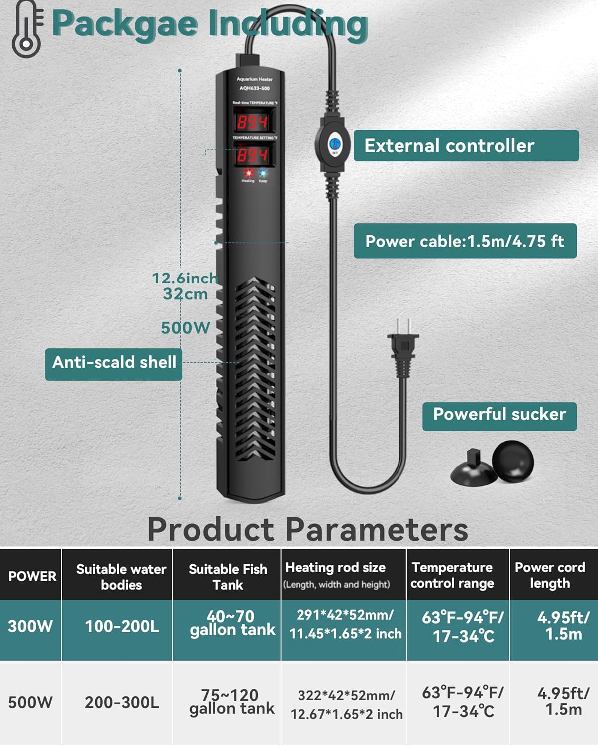 Chauffage d'aquarium pour aquarium de 200 cm, 374 litres, chauffe-eau submersible de 500 W avec contrôle précis de la température, protection contre les surchauffes, arrêt automatique, chauffage