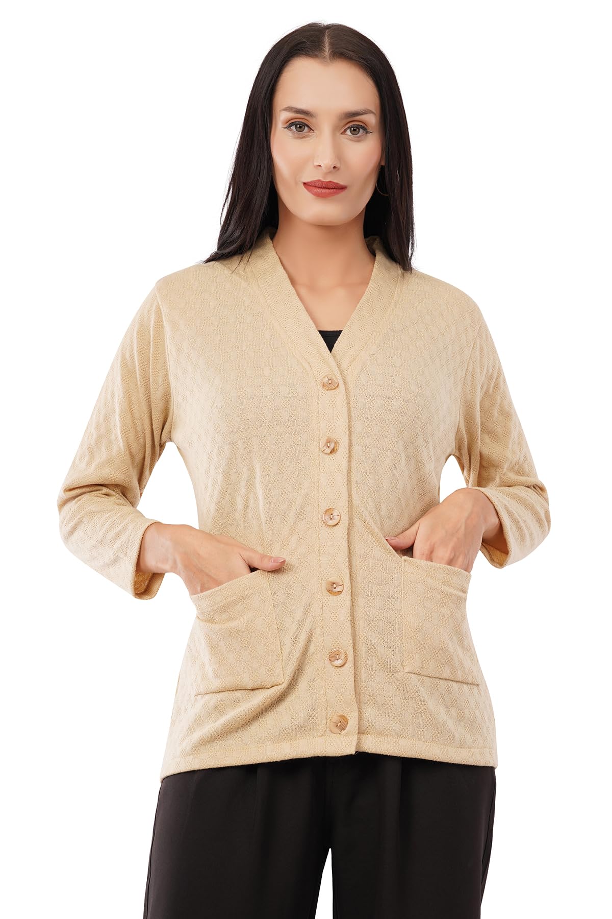 Women Woolen Full Sleeve self Knit v-Neck Sweater Cardigan for Winter wear with Front Pockets Plus