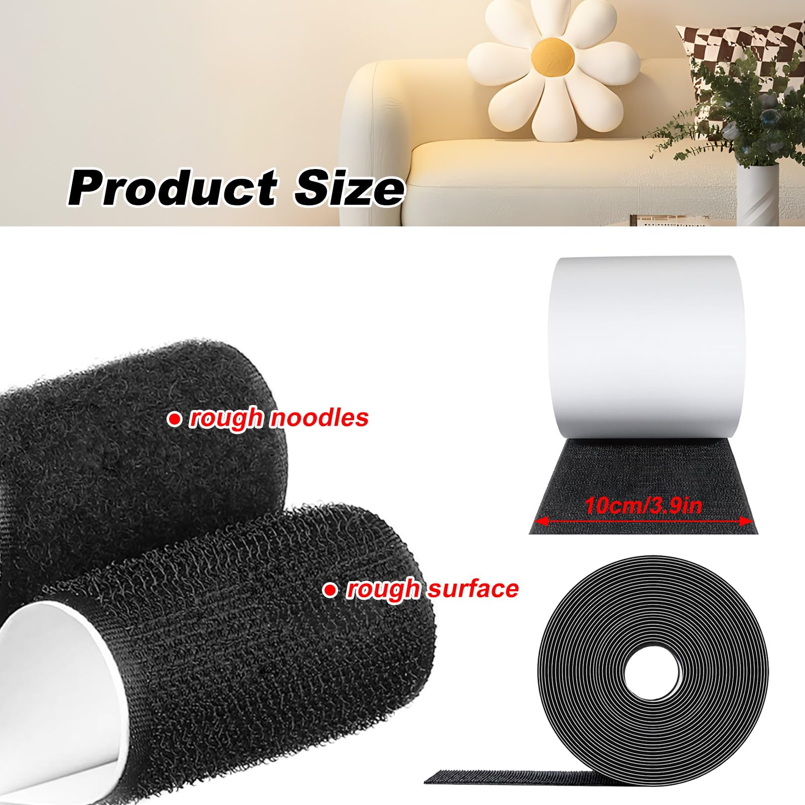 Hook y Loop Tape 10cm Ancho y 3m Largo, Auto Adhesivo Tiras de Gancho y Bucle, Auto Adhesivo Cinta Scratch Adhesivo para Evitar el Deslizamiento de Cojines de Sofá, Alfombras y Colchones