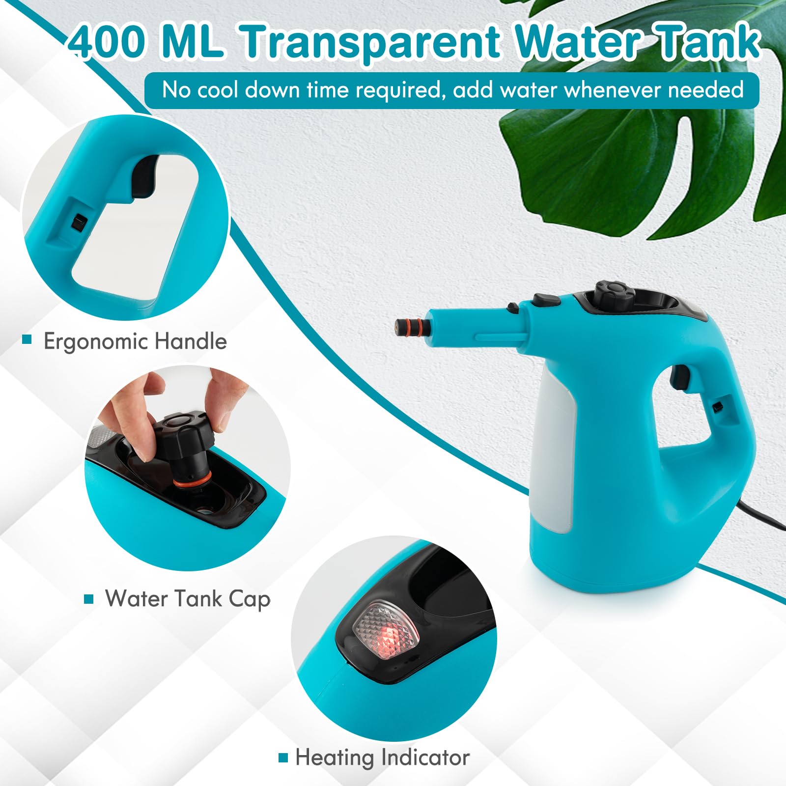 SOARS limpiador a Vapor con 14 Accesorios, Limpiador de Vapor: 2 bar, máx. 125 ℃, Listo en 1 Min, Potente 1500W, Depósito: 400ML, para Alfombras, Suelos y Ventanas (Azul)
