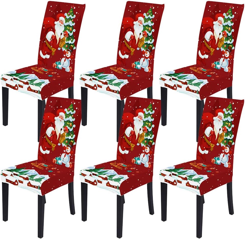 XMNTG Set of 6 Christmas Dining Chair Slipcovers Stretch Parsons Chair Covers Christmas Santa Claus Printed Removable Washable Chair Seat Protector Decorative for Christmas Home Kitchen Holiday