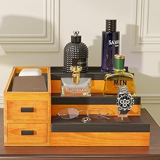 منظم كولونيا للرجال، رف عرض كولونيا من وودن يتضمن درجين، حامل كولونيا من 3 طبقات، منظم العطور يتضمن مساحة تخزين مخفية، هدية رائعة للرجال (اسود 8.6 × 9 انش)