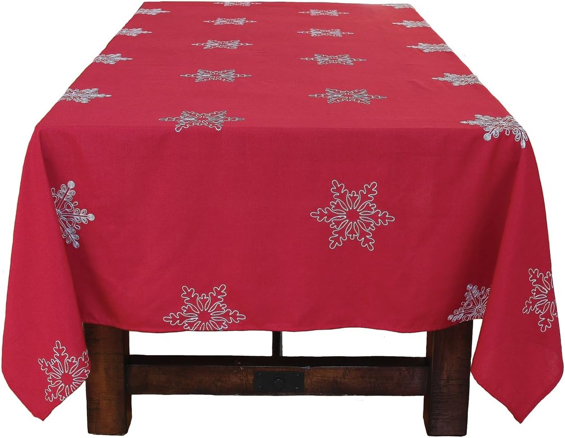 Snowy Noel Embroidered Snowflake Christmas Tablecloth, 70 by 108", Red and White