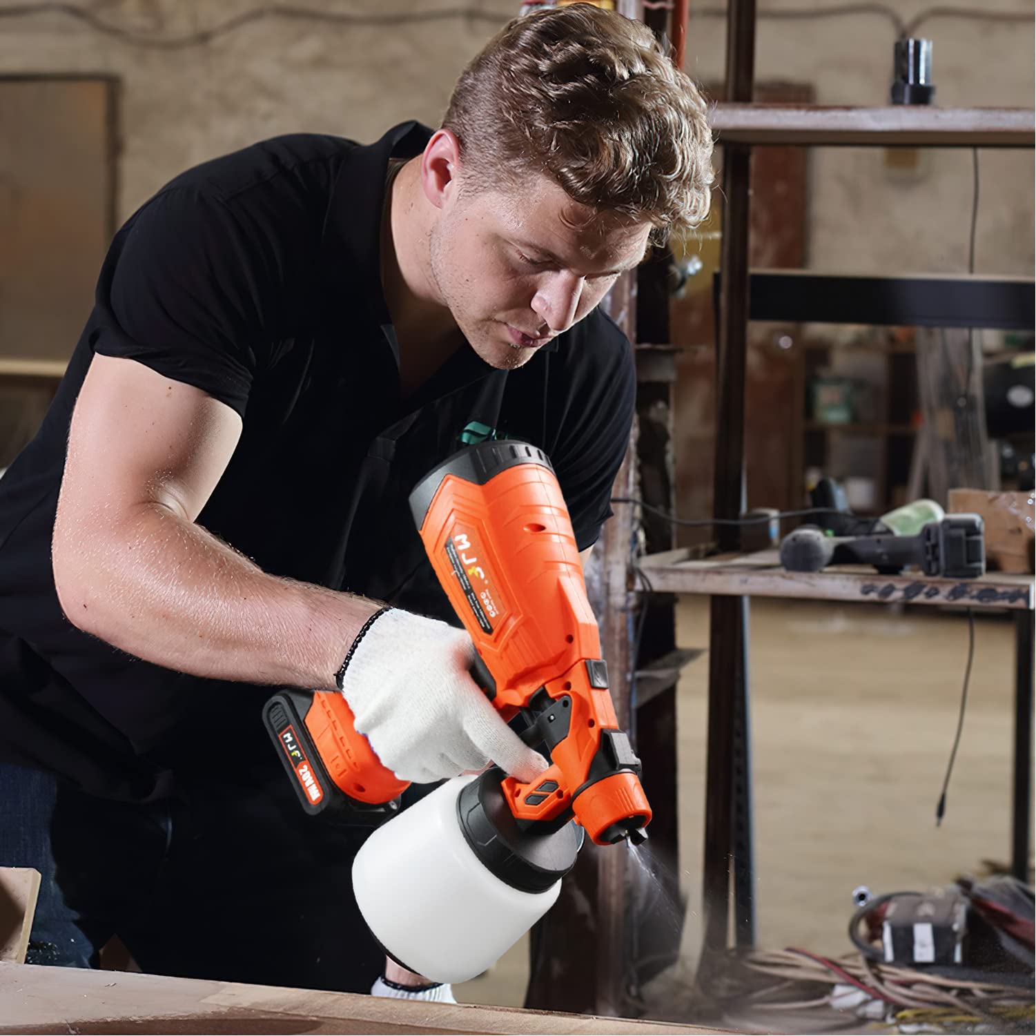 MJF Cordless Paint Sprayer, with 2*20V 2.0Ah Batteries & 1 Charger, HVLP Electric Spray Paint Gun, Includes 4 Copper Nozzles & 3 Patterns, 1000ml Container for Furniture, Cabinets, Fence,Door, Chairs