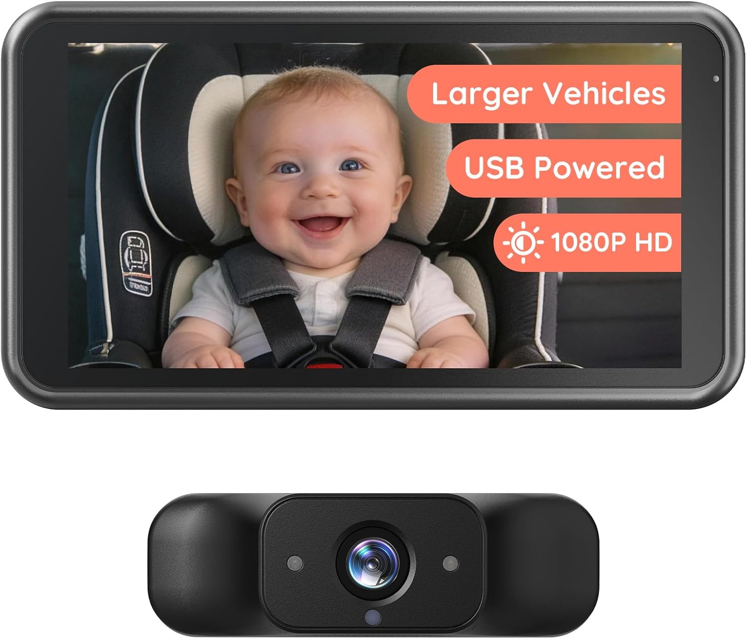 Babyvue BV5 Baby Car Camera 1080P, Dual USB Powered for Large Vehicles, IR Night Vision, 5.2” Display with Rear-Facing Car Seat Camera, Easy Installation for Infant & Toddler