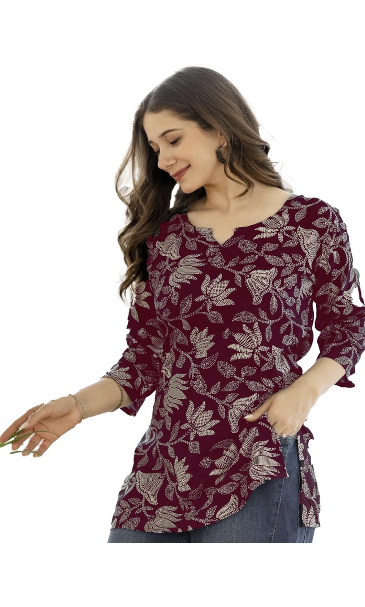 Women's Floral Print V-Neck Tunic Top, 3/4 Sleeve, Black and White-picture-43