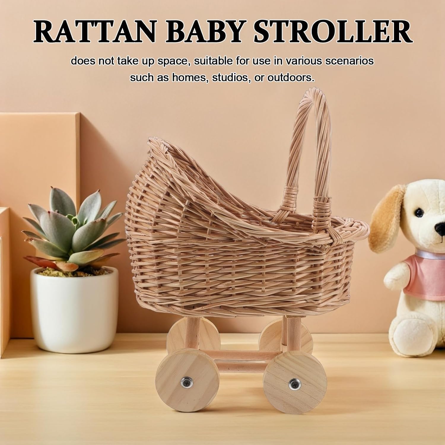 FRCOLOR Hand Woven Rattan Stroller, Wicker Baby Carriage for Baby Shower, Vintage Wicker Basket Flower Girl Baskets/Wedding Parties/Home Decoration/Flower Shop Display