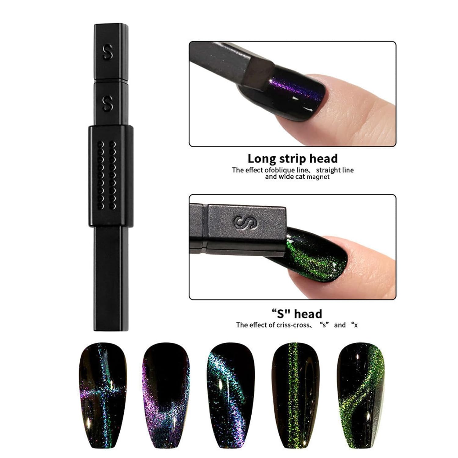 BORN PRETTY Nail Magnet Set,7Pcs Cat Magnetic Eye Gel Nail Polish Magnet Tools Powerful Set Wand Magnet Nails Polish Square Round Magnet Stick Double Ended Nail Salon Art Design Tools