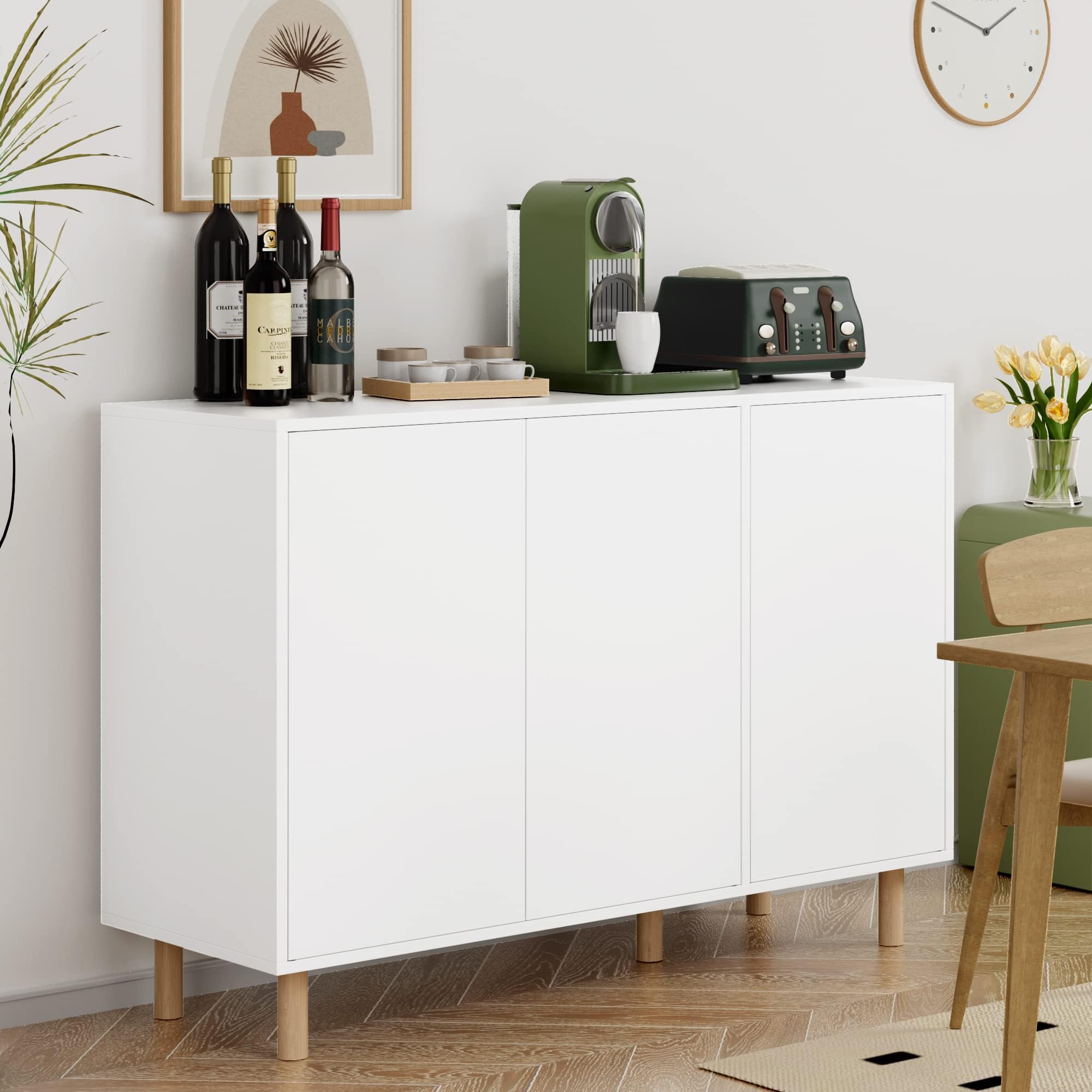 FirFurd Credenza Cucina con 3 Ante, Mobile Cucina in Legno,Mobiletto Multiuso per Buffet,Armadietto con Ripiano Regolabile,per Soggiorno,Cucina,Sala da Pranzo 107x40x80cm(Bianco)