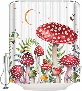 Mushroom Butterfly Ladybug Shower Curtain for Bathroom, Watercolor Plant Waterproof Shower Curtains Washable Quick Dry with Hooks Bathtub Curtains 72x72IN