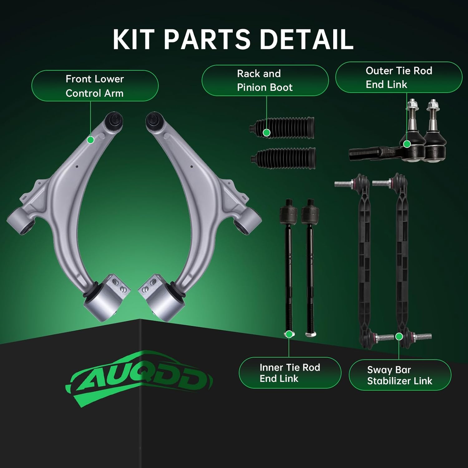 AUQDD 10Pc Front Suspension Kit Fit For 12-17 Bu-ick Verano, 11-15 Chevy Cruze, Volt, 2 Lower Control Arm w/Ball Joint 2 Sway Bar Link 4 Outer & Inner Tie Rod End (# K621751 K750519 EV800884 ES800949)
