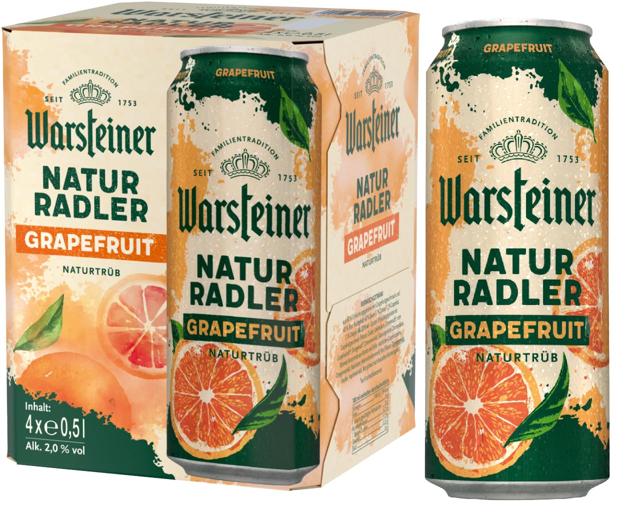 Warsteiner Naturradler Grapefruit mit 2% Alkohol und 100% natürlich, naturtrübes Radler, Dosenbier EINWEG (4 x 0.5 L Dose) im praktischen 4er-Pack